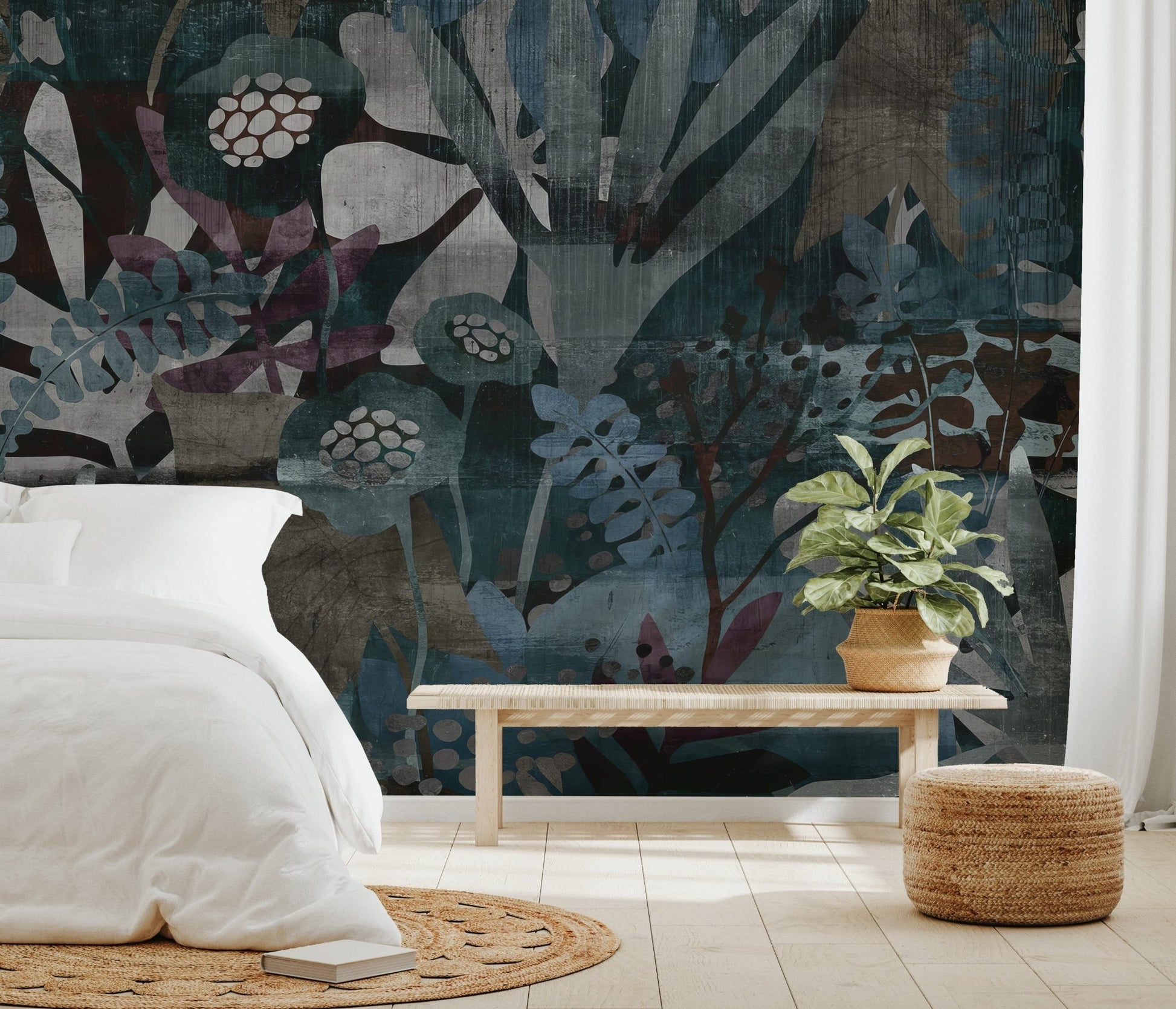 Abstract botanical mural with layered leaves in dark green for bedroom.