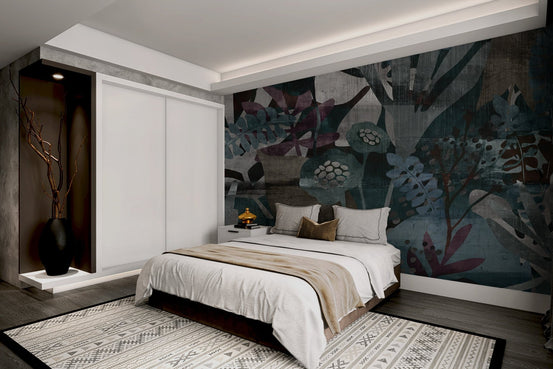 Stylish botanical wall mural featuring artistic leaves and plants for bedroom.