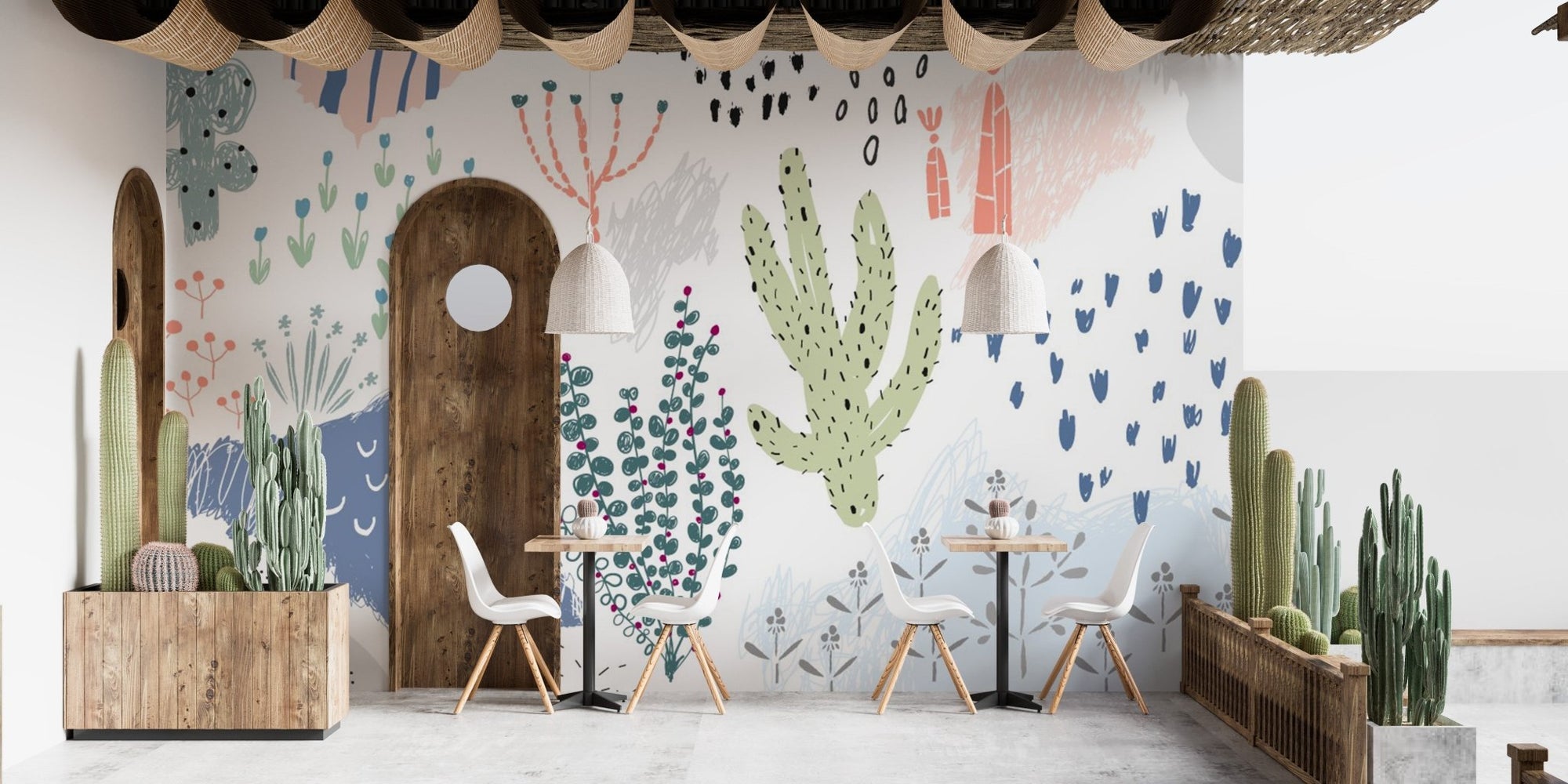Abstract botanical garden mural with vibrant patterns in cafe area.