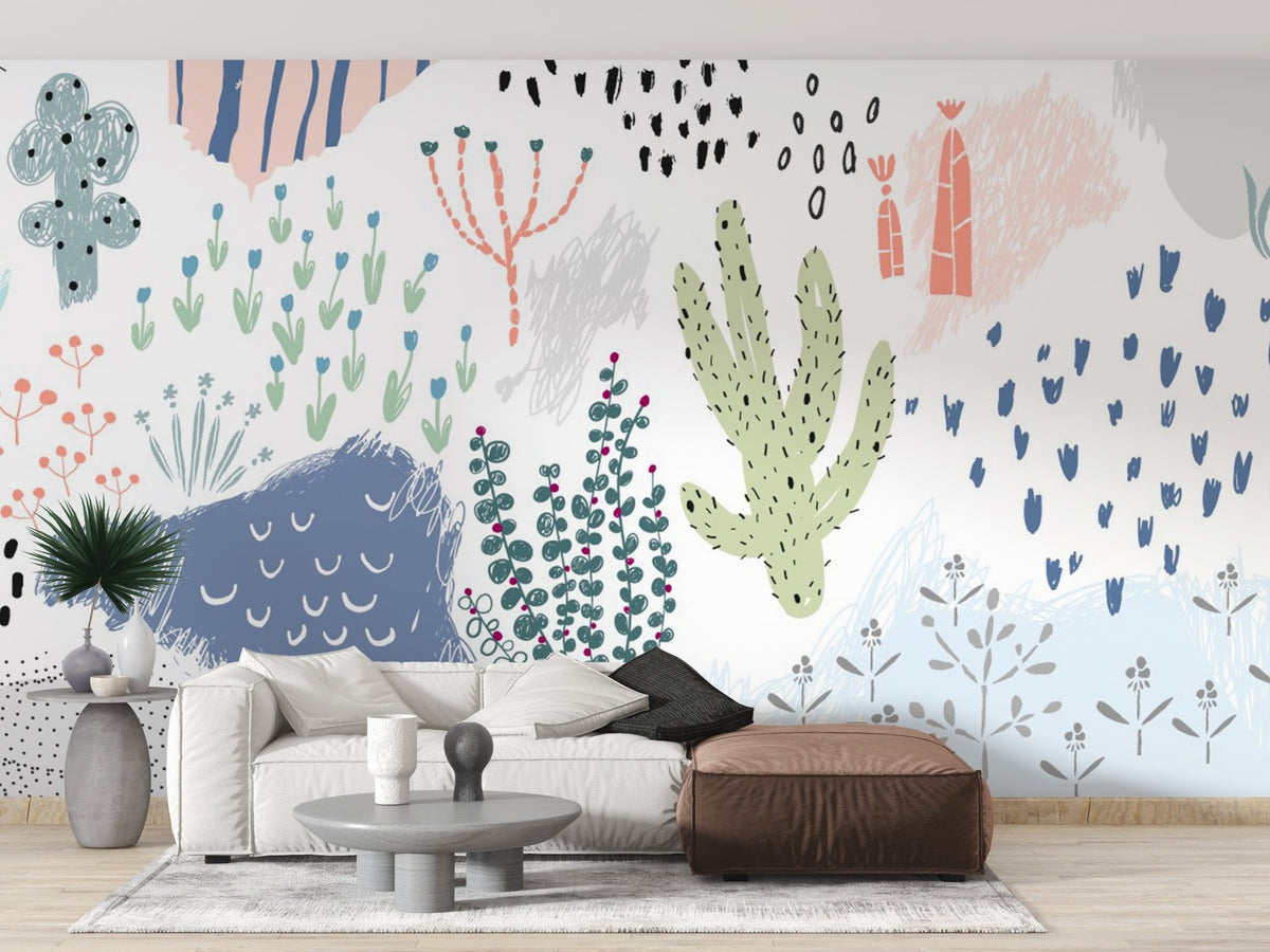 Abstract garden mural with floral and leafy elements in bright living space.