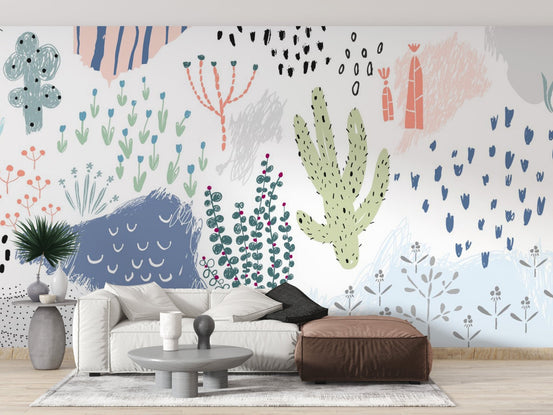 Abstract garden mural with floral and leafy elements in bright living space.