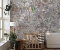 Botanical blooms mural with elegant painted floral patterns in nursery
