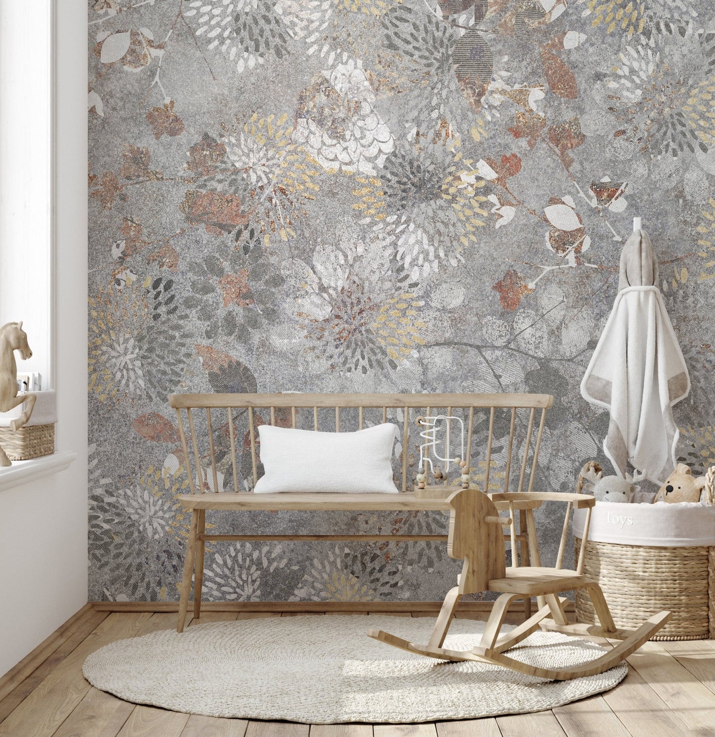 Painting-style wall mural showcasing botanical blooms in kids area.