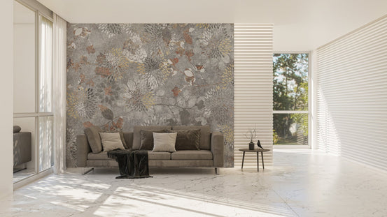 Wall mural with painted botanical blooms for a natural touch in living area.
