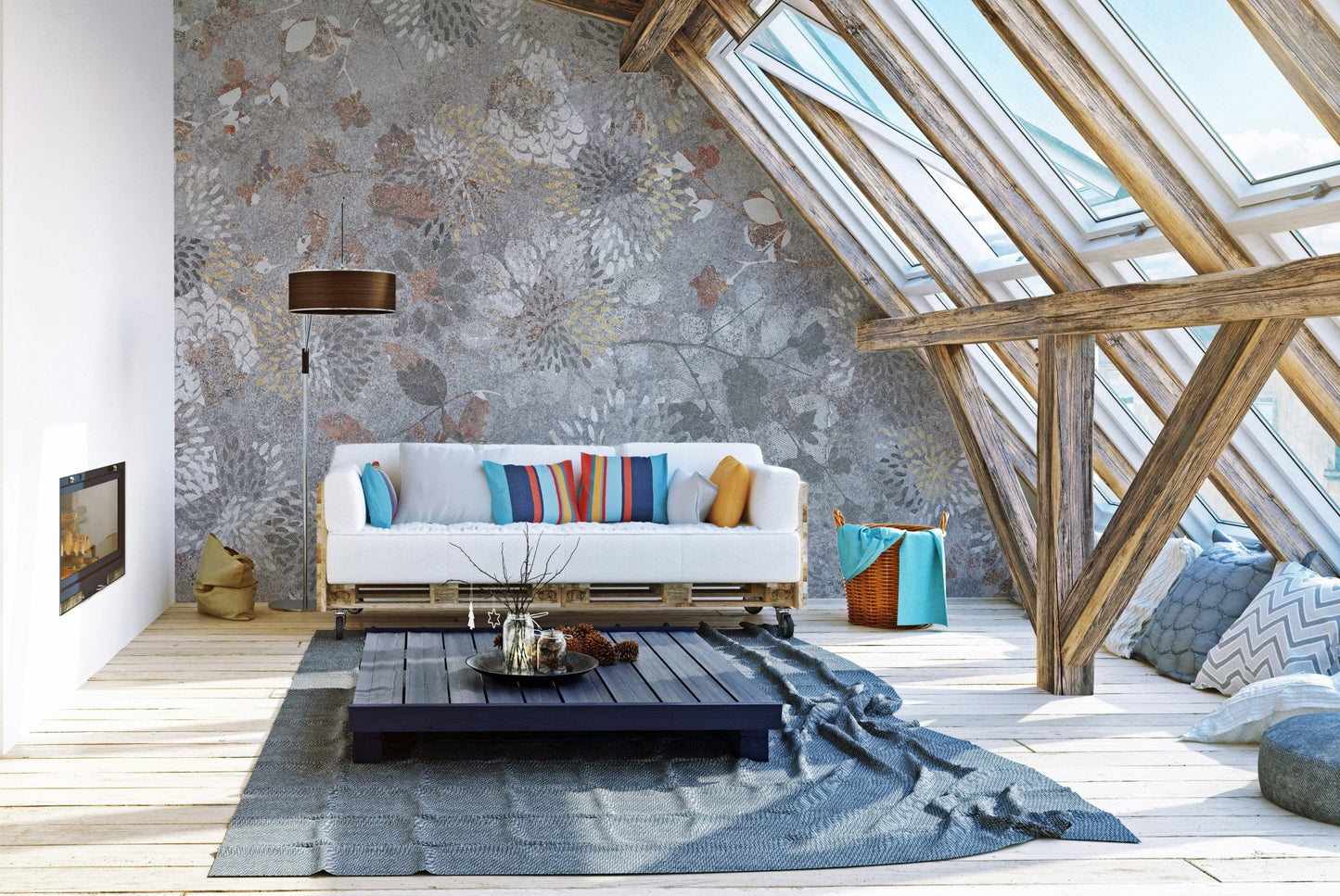 Artistic mural featuring botanical blooms in a painting style for living room.
