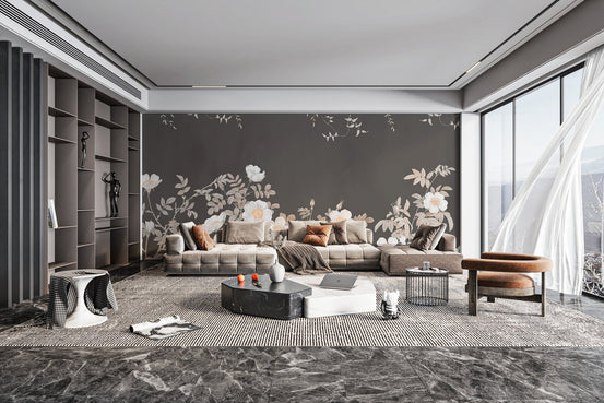 Botanical blooms wallpaper mural in matte charcoal and light blooms.