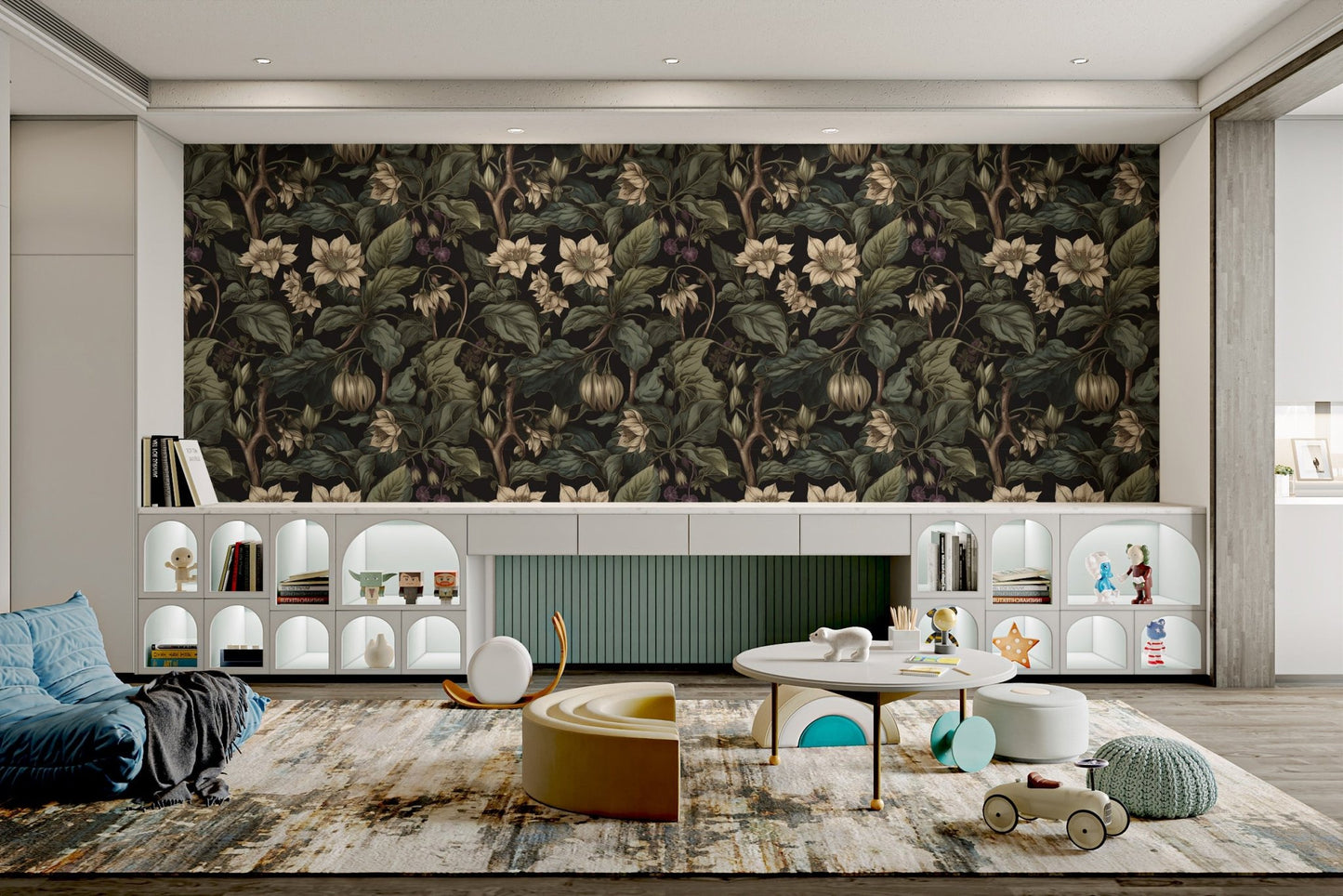 Detailed leaf pattern wallpaper in olive and charcoal for kid play area.