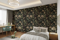 Moody botanical wallpaper with purple berry and bloom details in kids room.