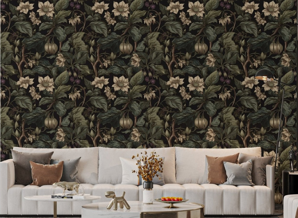 Dark floral wallpaper featuring cream blossom motifs for living room.