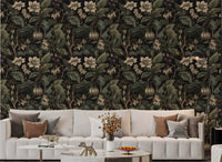 Dark floral wallpaper featuring cream blossom motifs for living room.