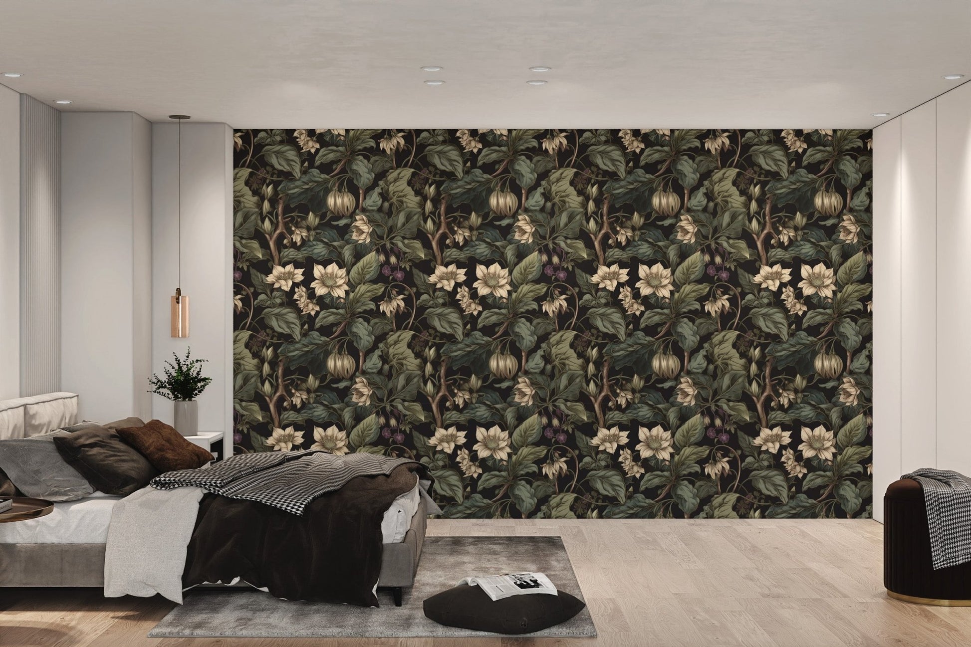 Botanical blossom wallpaper on a solid black background for bedroom.