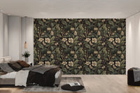 Botanical blossom wallpaper on a solid black background for bedroom.