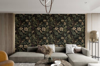 Dense foliage wallpaper with white flowers and dark stems.
