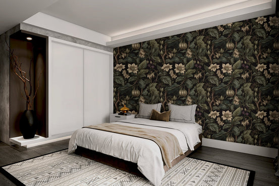 Vintage style wallpaper with dark green foliage and berries in large bedroom.