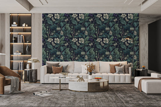 Botanical Blossom Teal Wallpaper for a feature wall in a living area.