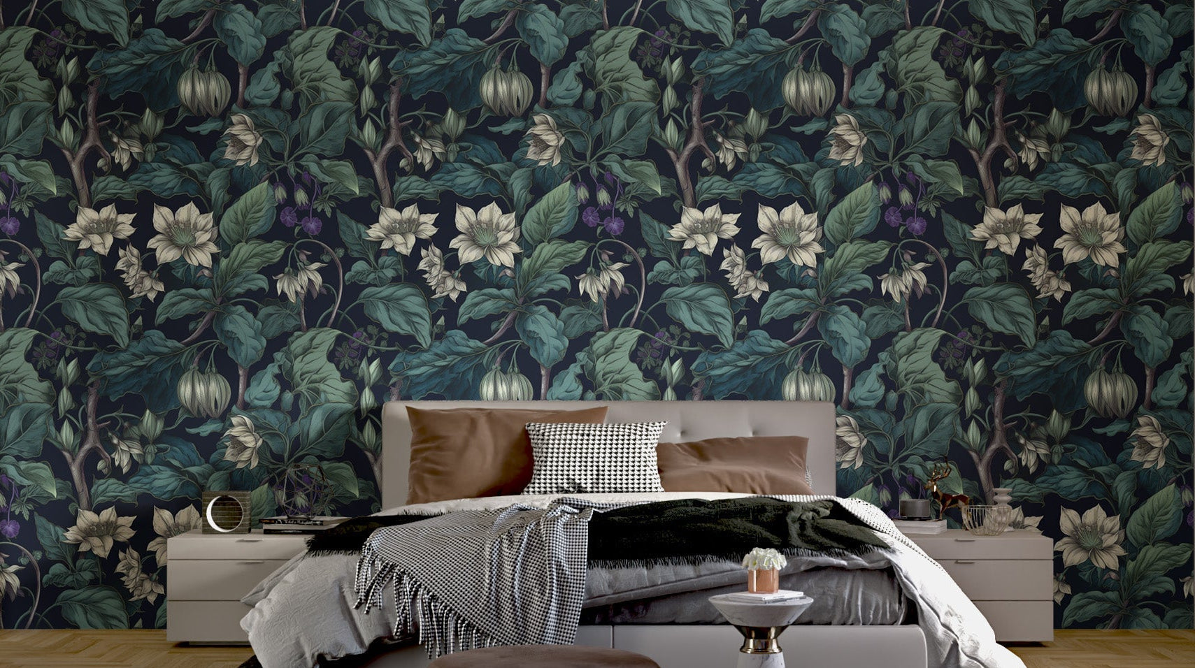 Vintage style botanical wallpaper with large green leaves on a dark backdrop.