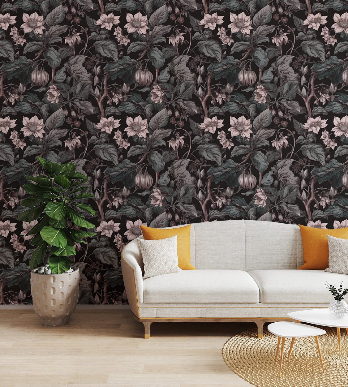 Hand-painted style botanical wall mural with pink flowers and dark foliage.