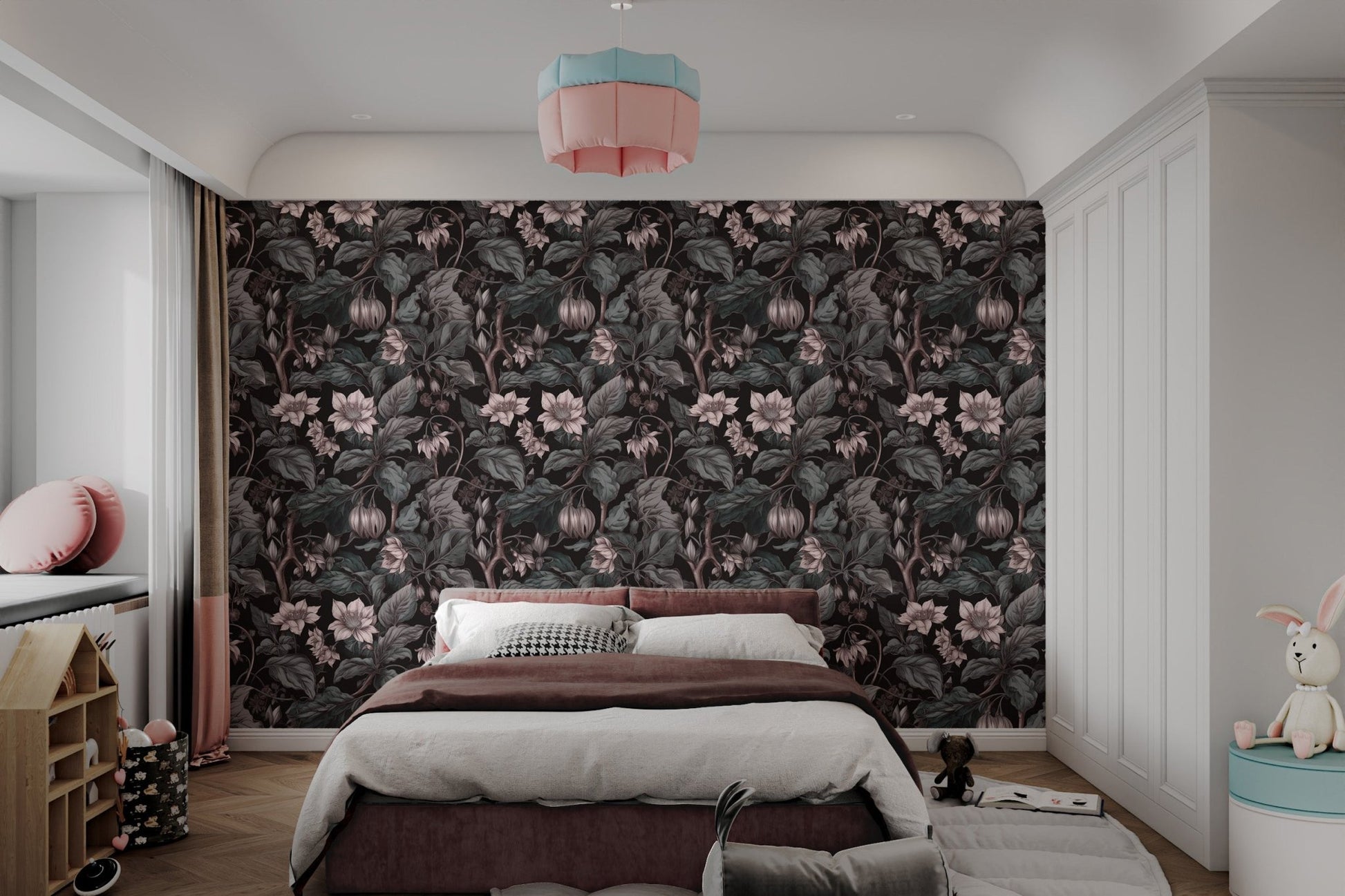 Intricate floral wall mural with charcoal backdrop and rose petals for bedroom.