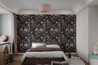 Intricate floral wall mural with charcoal backdrop and rose petals for bedroom.