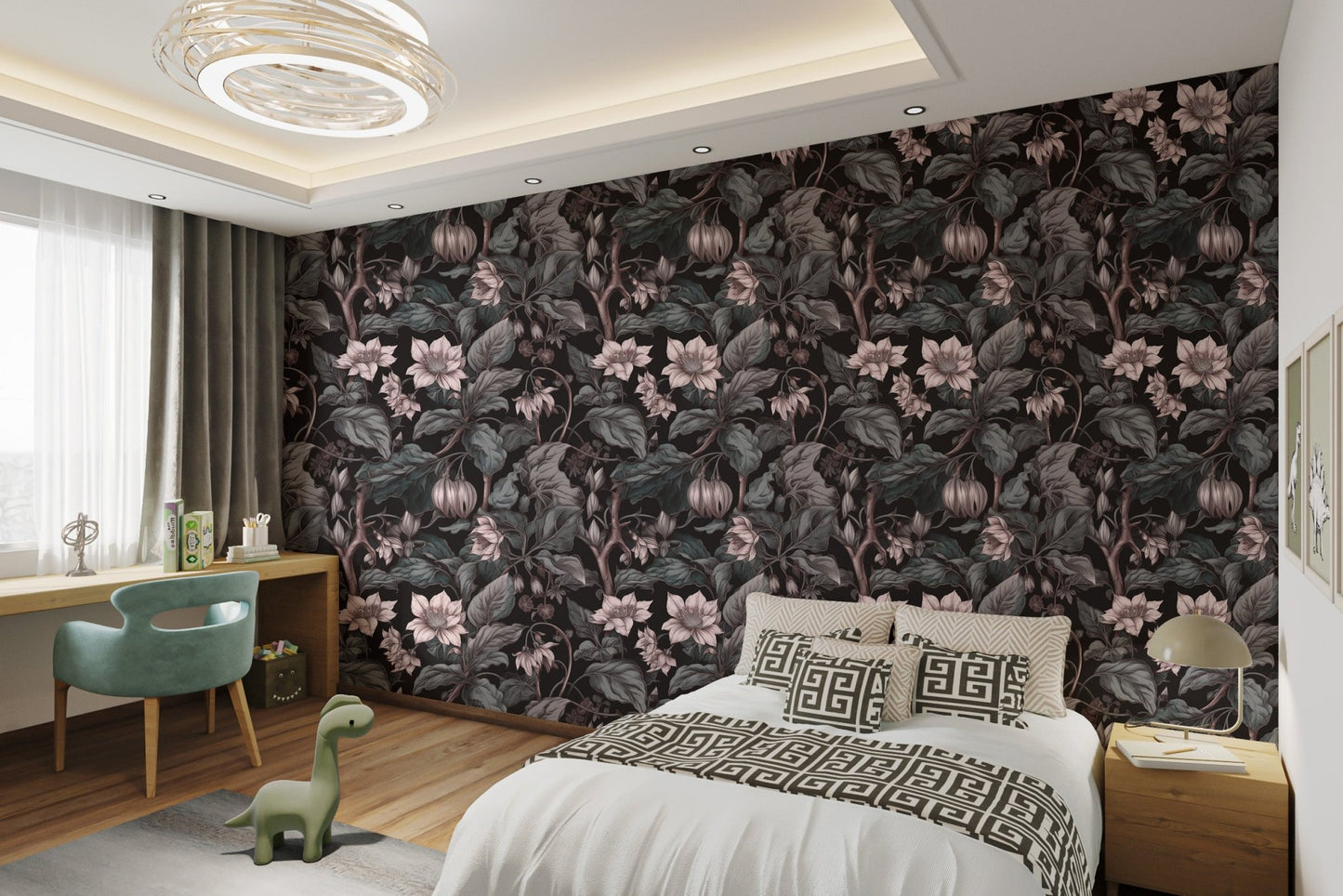 Muted pink botanical blossom wall mural for a children's bedroom.