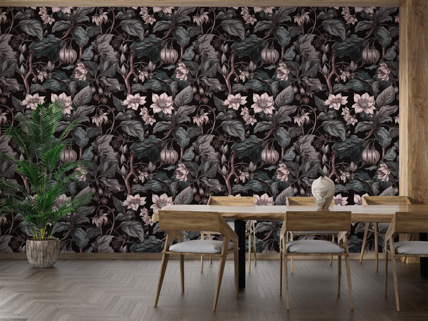 Moody botanical mural featuring dark stems and pale blossom for dining room