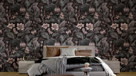 Vintage floral wall mural with hand-drawn blossom and foliage for bedroom