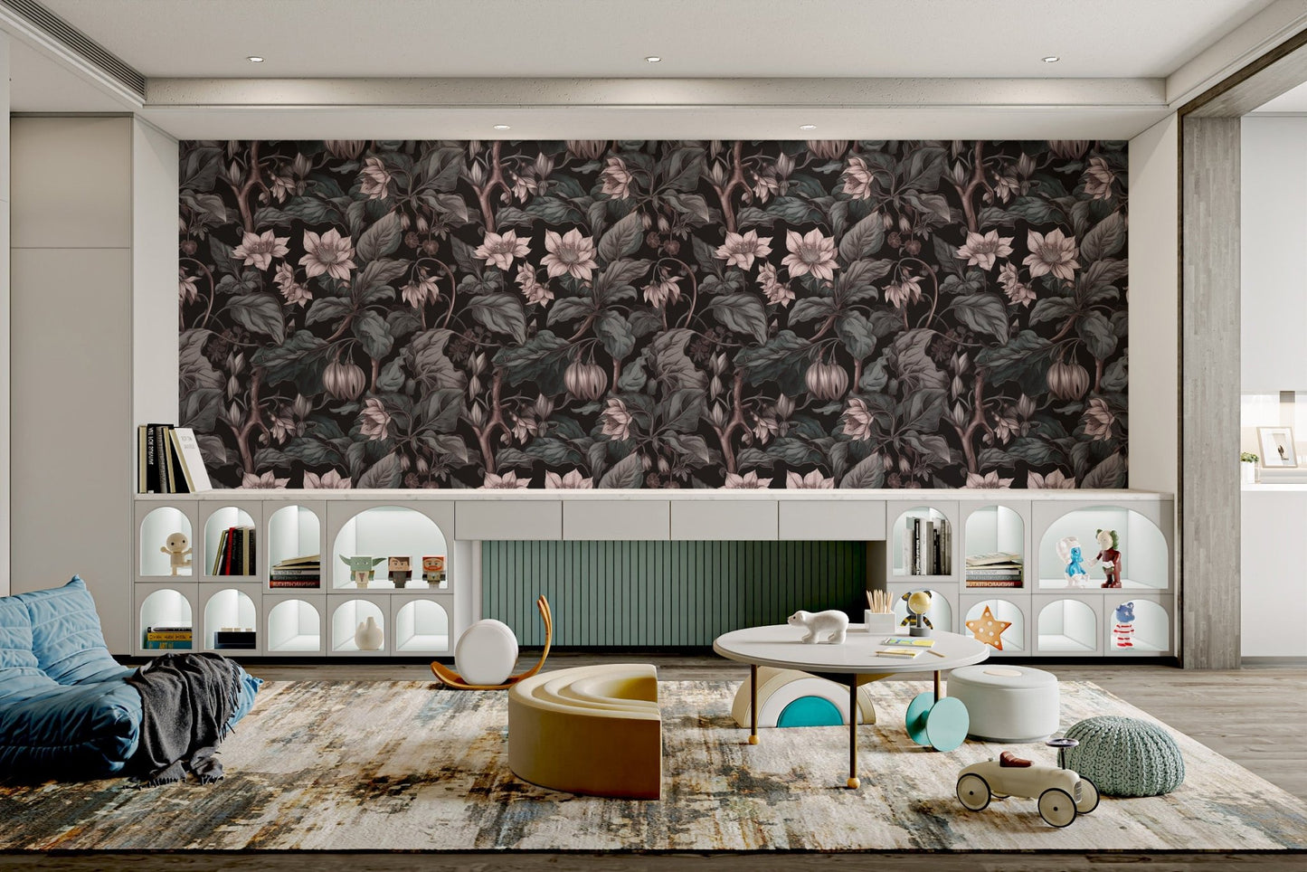 Dark botanical wall mural with lavender floral clusters and leafy vines.