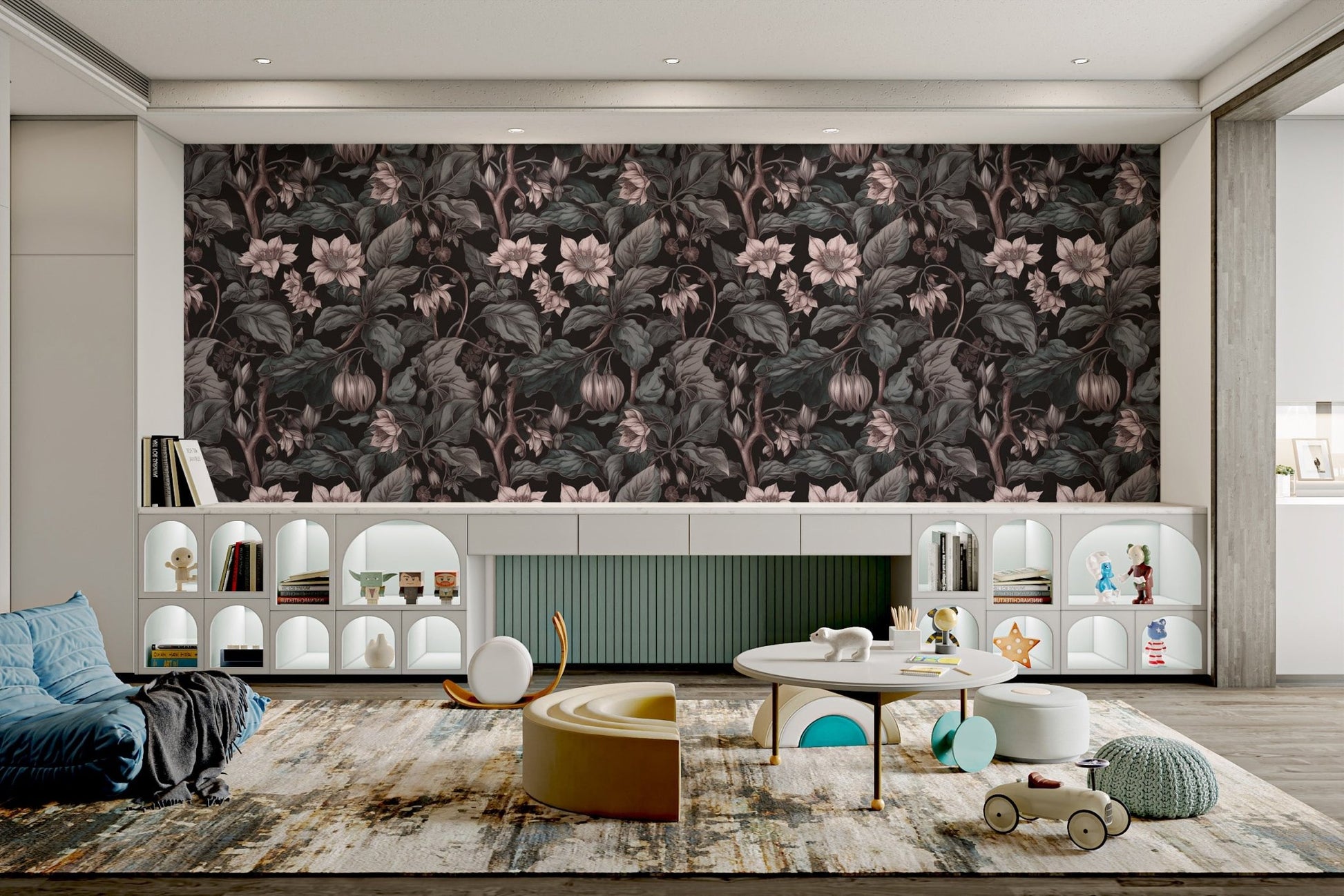 Dark botanical wall mural with lavender floral clusters and leafy vines.