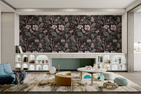 Dark botanical wall mural with lavender floral clusters and leafy vines.