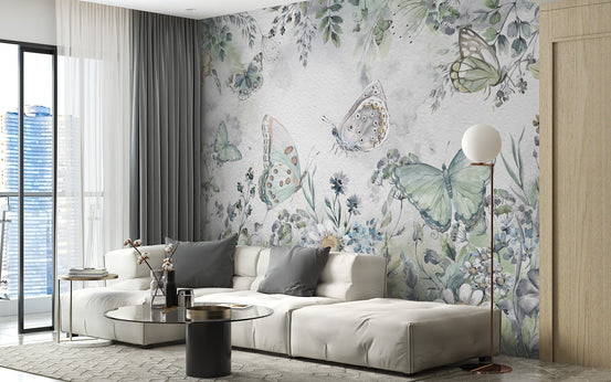 Decorative botanical meadow wallpaper with layered butterflies wall mural.