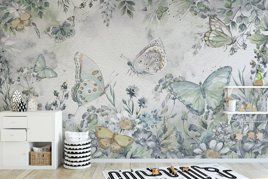 Butterfly and wildflower wallpaper in soft green wall mural.