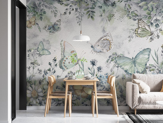 Botanical butterfly garden wall mural with floral wallpaper.