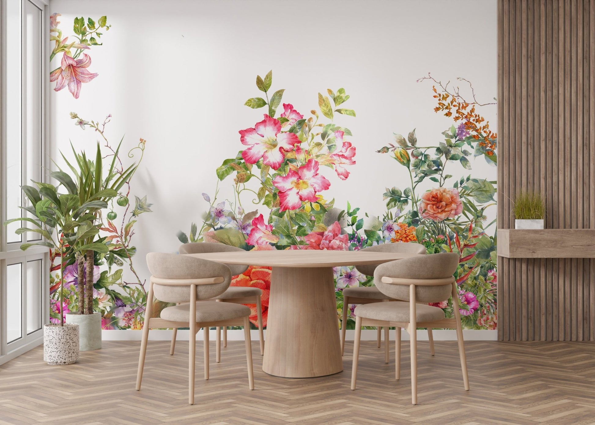 Botanical elegance mural adding charm to dining room wall interiors.
