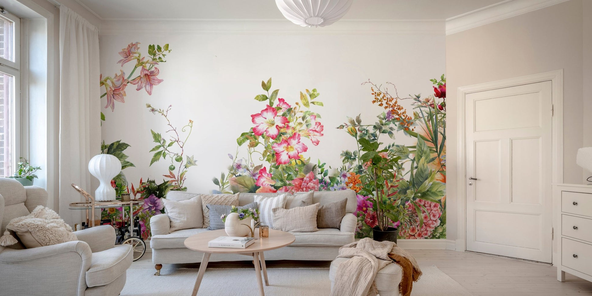 Artistic wall mural featuring botanical elegance in watercolor for living area.

