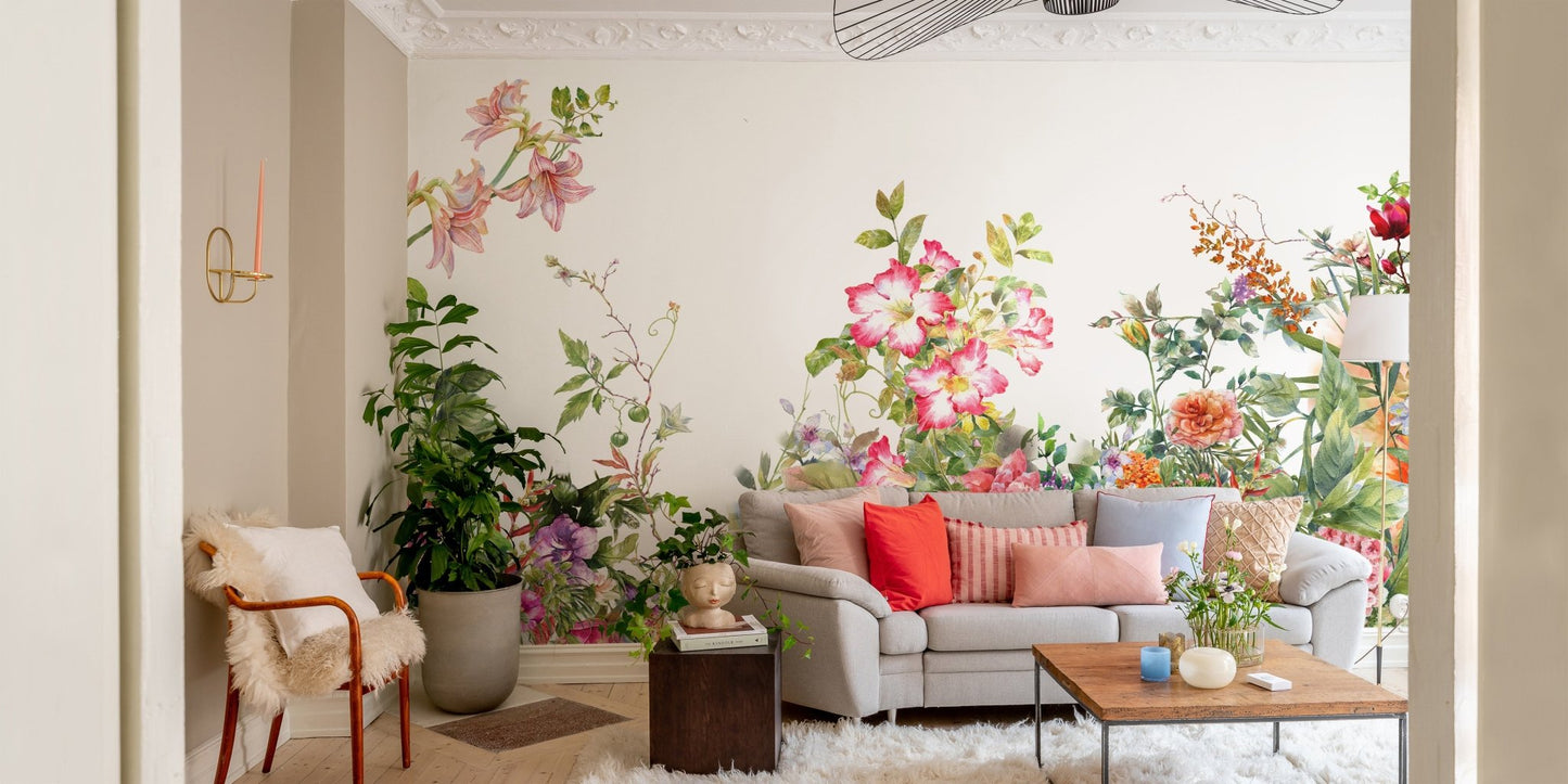 Watercolor mural showcasing botanical elegance for stylish sitting space decor.
