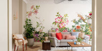 Watercolor mural showcasing botanical elegance for stylish sitting space decor.

