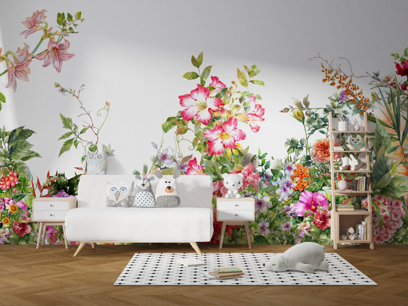 Botanical elegance mural with soft watercolor floral designs.
