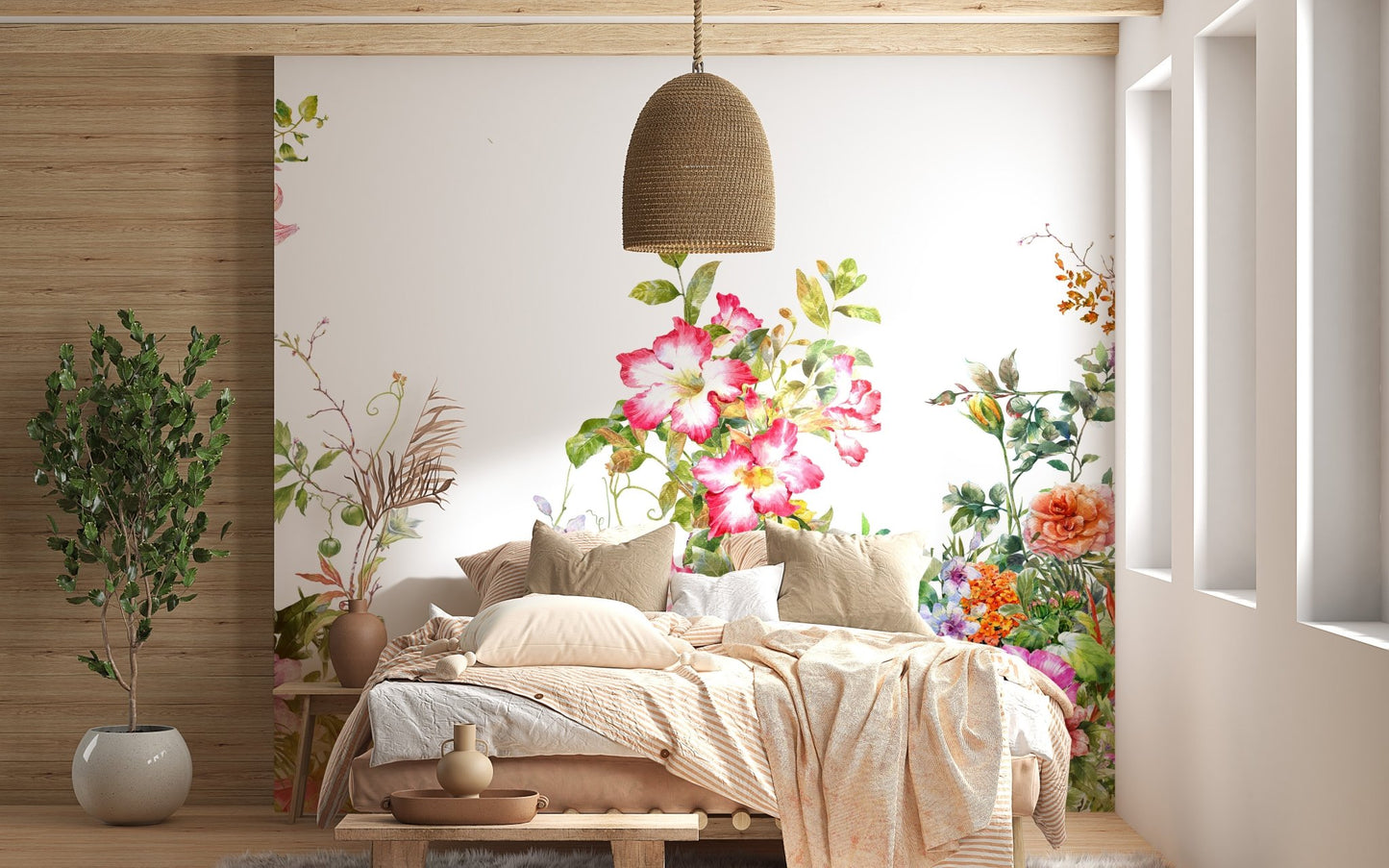 Wall mural with graceful botanical watercolor designs for bedroom decor.

