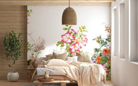Wall mural with graceful botanical watercolor designs for bedroom decor.
