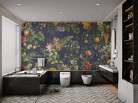 Floral wall mural with red tulips and white orchids for bathroom decor.