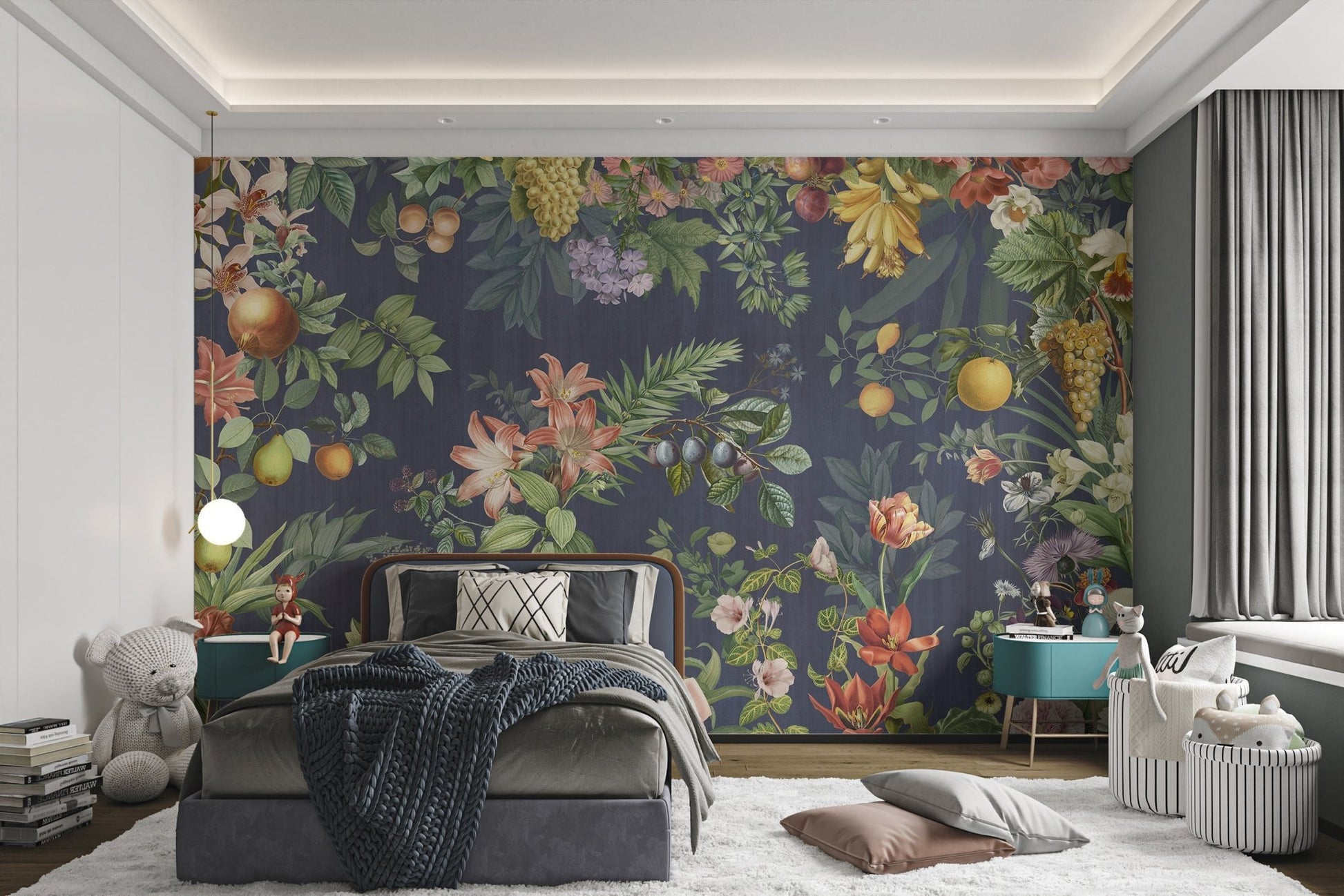 Wall mural featuring yellow bananas and pink floral on a dark backdrop.