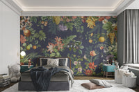 Wall mural featuring yellow bananas and pink floral on a dark backdrop.