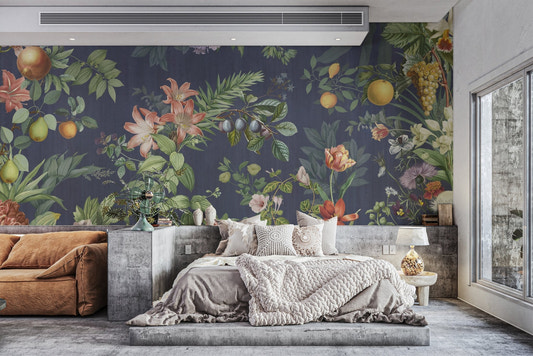 Botanical Floral and Fruit mural with navy background for living room walls.