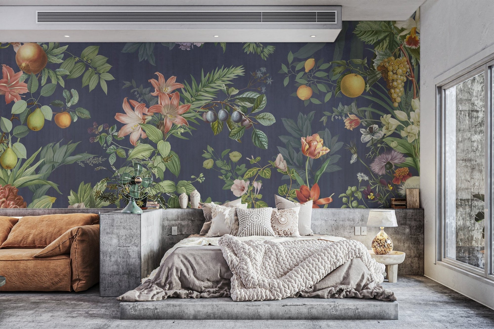 Botanical Floral and Fruit mural with navy background for living room walls.