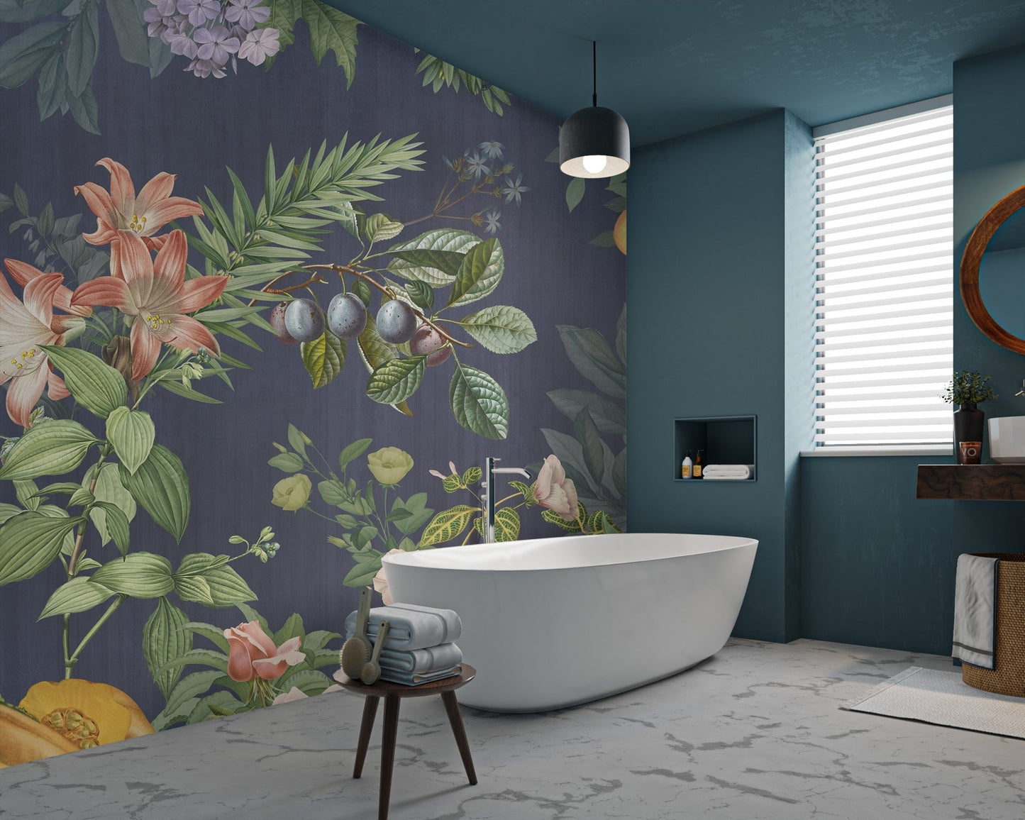 Dark blue wall mural with botanical illustrations of green grapes and citrus fruits.