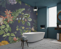 Dark blue wall mural with botanical illustrations of green grapes and citrus fruits.