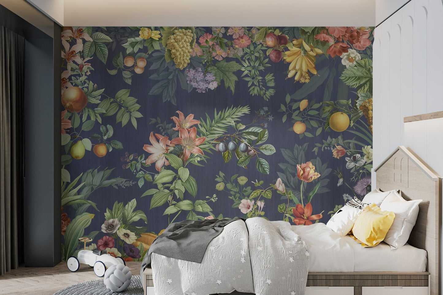 Vintage style Botanical Floral and Fruit mural in kids bedroom.