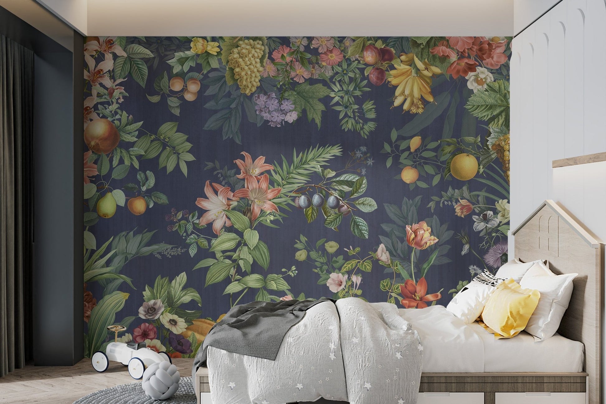 Vintage style Botanical Floral and Fruit mural in kids bedroom.