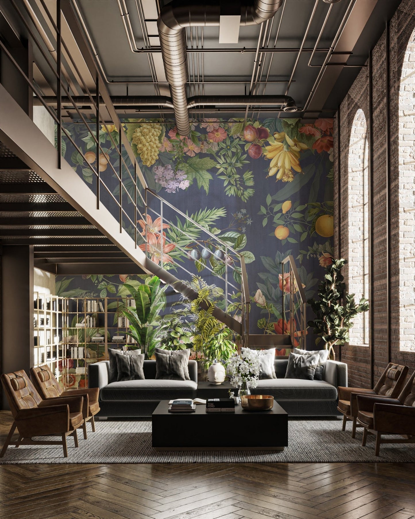 Fruit themed wall mural showing plums and pears for office seating area.
