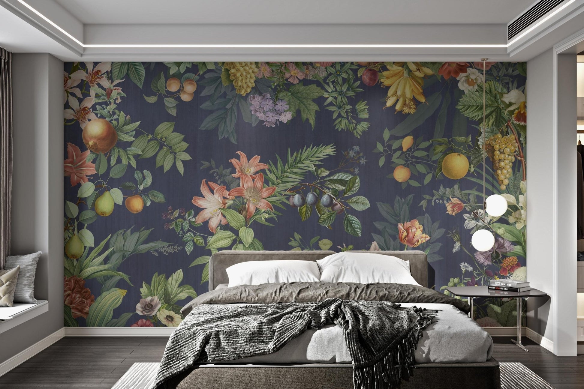 Decorative wall mural with fruits and spring flowers for bedroom styling.